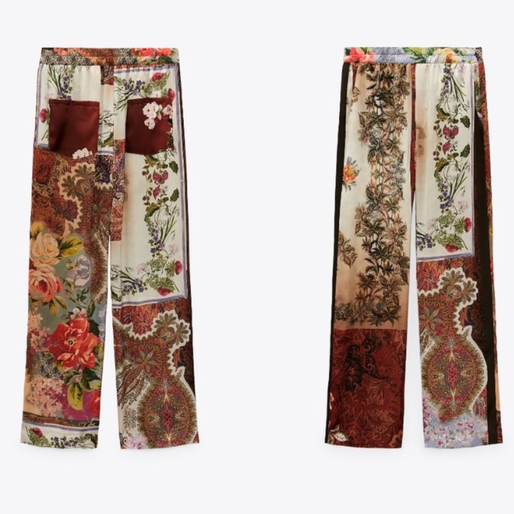 Zara Patchwork Print Pants Multicolor Medium NWT - image 1